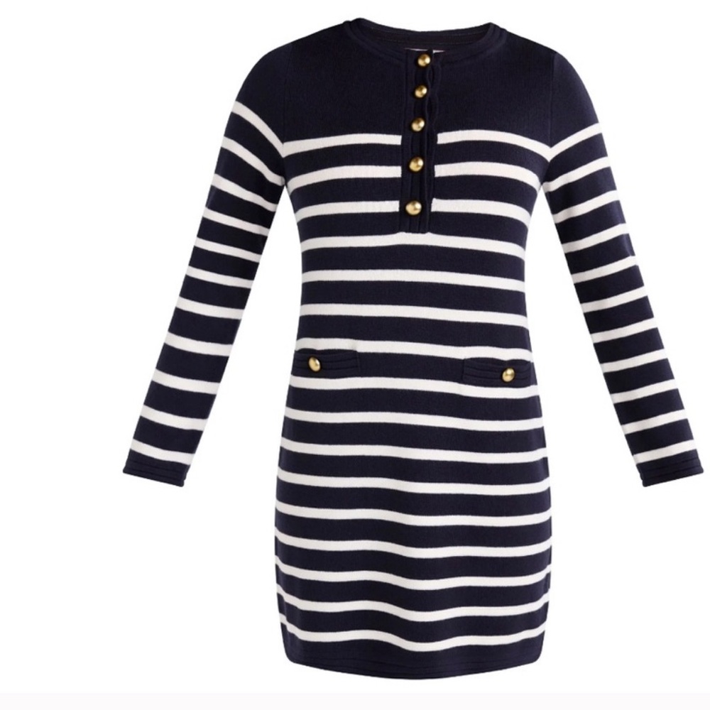 Navy and White Striped Sweater Dress with Gold Buttons